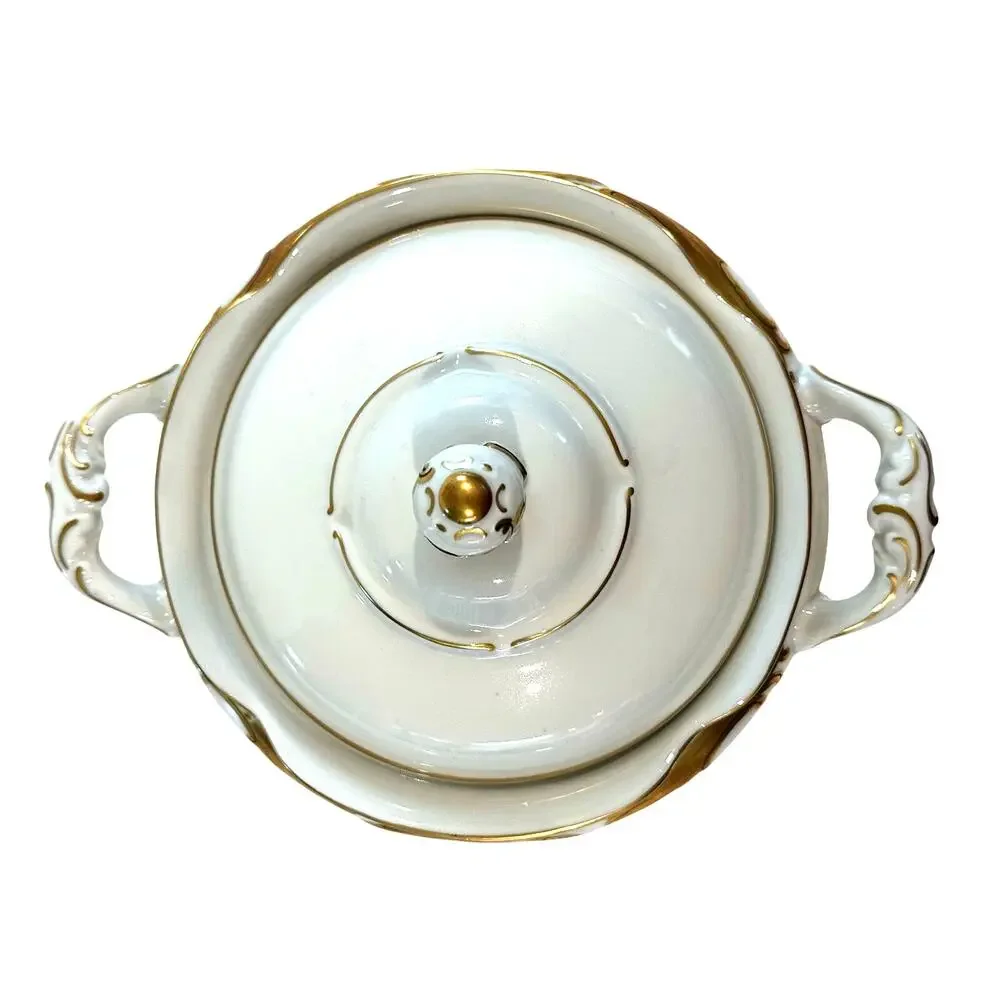 Walbrzych Poland Serving Dish w/Lid White Heavy Gold Scrolls-Rare-Excellent !